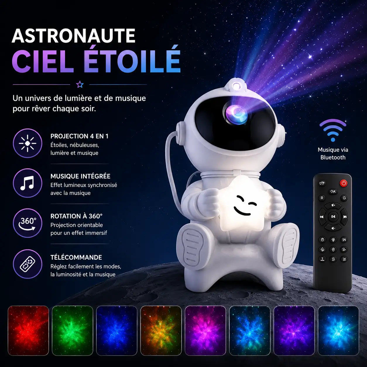 Projecteur Galaxie Astronaute LED Bluetooth – Veilleuse Ciel Étoilé pour Chambre